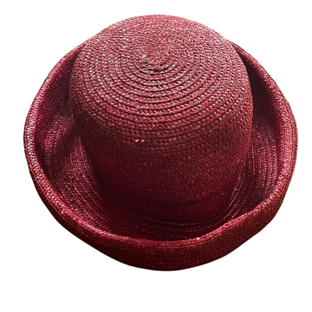 VTG Laura Ashley Italy Cloche Summer Rolled Brim 90s Red Pink Raffia Straw Hat